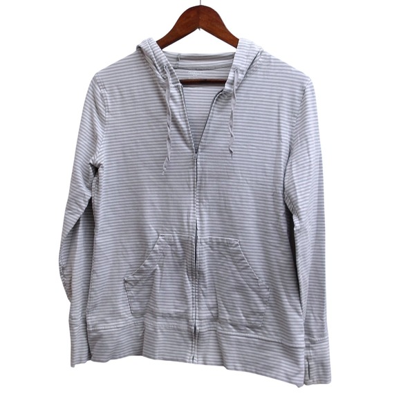 GAP Womens Lg Striped Zip Up Hoodie Gray White Lightweight Hooded Jacket / #1249 - Picture 1 of 4